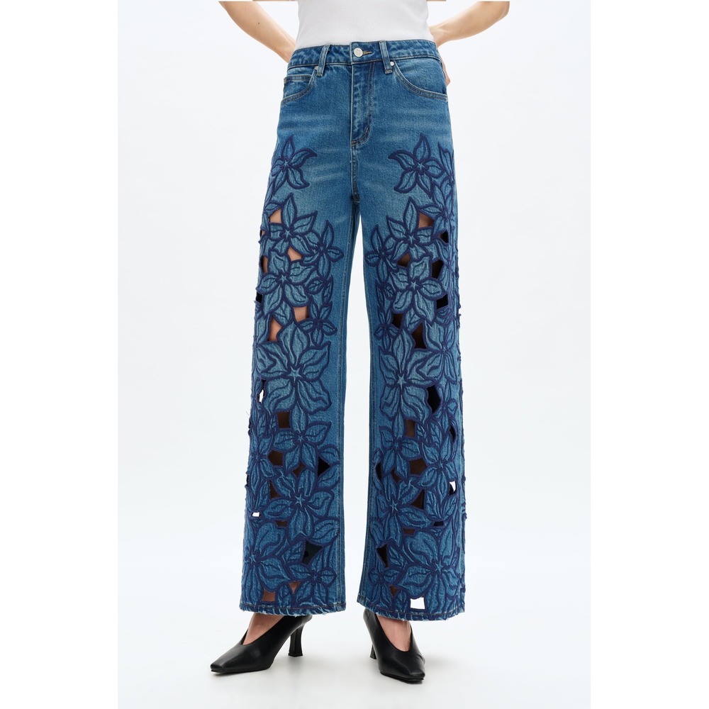 Bayeas NWT Floral Embroidered Cut Out Wide Leg Jeans Blue Size 30 Boho Festival
